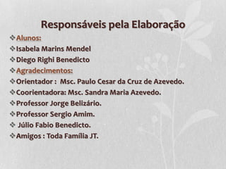Responsáveis pela Elaboração
Alunos:
Isabela Marins Mendel
Diego Righi Benedicto
Agradecimentos:
Orientador : Msc. Paulo Cesar da Cruz de Azevedo.
Coorientadora: Msc. Sandra Maria Azevedo.
Professor Jorge Belizário.
Professor Sergio Amim.
 Júlio Fabio Benedicto.
Amigos : Toda Família JT.
 