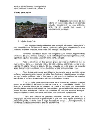 Resíduos Sólidos: Coleta e Destinação Final
ABES - Francisco Humberto de Carvalho Jr

5 - LIXO E POLUIÇÃO

A disposição inadequada do lixo
urbano em vazadouros a céu aberto acarreta
poluição considerável no meio-ambiente,
tanto no ar, quanto nas águas e
principalmente nos solos.

5.1 - Poluição do Solo
O lixo, disposto inadequadamente, sem qualquer tratamento, pode poluir o
solo, alterando suas características físicas, químicas e biológicas, constituindo-se num
problema de ordem estética e, mais ainda, uma ameaça à saúde pública.
Por conter substâncias de alto teor energético e, por oferecer disponibilidade
simultânea de água, alimento e abrigo, o lixo é preferido pôr inúmeros organismos vivos,
a ponto de algumas espécies o utilizarem como nicho ecológico.
Pode-se classificar em dois grandes grupos os seres que habitam o lixo: os
macrovetores, como por exemplo: ratos, baratas, moscas, cachorros, suínos, aves,
eqüinos. O próprio homem, o catador de lixo, enquadra-se neste grupo. No segundo
grupo de microvetores, estão os vermes, bactérias, fungos, actinomicetos e vírus.
Além destes organismos, que utilizam o lixo durante toda a sua vida, outros
os fazem apenas em determinados períodos. Este fenômeno migratório pode constituirse num grande problema, pois o lixo passa a ser uma fonte contínua de agentes
patogênicos e, portanto, uma ameaça real à sobrevivência do homem.
O perigo maior, para o qual chama-se especial atenção, reside na possível
quebra do equilíbrio cíclico entre o meio produtor e os consumidores naturais. Por
exemplo, a simples interdição do processo de coleta e disposição por determinado
período poderia ativar o mecanismo de deslocamento, provocando uma dispersão em
massa, em todas as direções, dos roedores presentes, em busca de alimentos e abrigos,
atingindo núcleos urbanos, culturas e plantações, com resultados imprevisíveis.
O fato mais clássico de prejuízos sanitários causados por ratos foi a
propagação da peste bubônica ou peste negra, a qual tem como agente etimológico a
pasteurella pestis, e como vetor a pulga Xenospsylla cheops . Cronologicamente, a
ocorrência aconteceu em Roma no ano 150 da era Cristã.

38

 