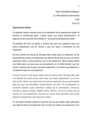 2


                                                       Eslinn KrystellArandaSalazar

                                                    Lic. Mercadotecnia Internacional

                                                                               A 56

                                                                           5-nov-12

Exposiciones Orales

La siguiente reseña compara como es la realización de la exposiciones orales, la
primera es de Domingo Mery, “¿Cómo hacer una buena presentación?”; el
segundo es de la doctora Gloria Robles V, “Guía para presentaciones Orales”.

El propósito del autor es darnos a conocer tips para que podamos hacer una
buena presentación oral sin nervios y que uno sepa a controlarse en una
exposición.

El tema central del artículo de Domingo Mery habla sobre la realización de las
presentaciones orales y los elementos que debe de llevar para que sea una buena
exposición frente a otras personas, por el otro ladola Dra. Gloria Robles (2003)
nos habla sobre una guía para una presentación en el ámbito laboral, que nos
ayuda a realizar paso a paso una buena exposición y nos dice lo que debemos y
no debemos hacer en una exposición.

A pesar de que los dos textos hablan sobre el mismo tema, Domingo Mery solo
nos describe los cuatro puntos para hacer una buena presentación; por el otro
lado la Dra. Gloria, nos explica paso por paso la realización de una presentación
para que sea mas entendible y pueda llevarse con éxito: “En la planeación es
necesario elaborar cuatro elementos: análisis de la presentación, estructura,
mensaje y apoyos visuales” (Robles Gloria: 2003:2), nos da los pasos para el
proceso de una presentación, teniendo en cuenta estos elementos para poder
planear la presentación, esta será todo un éxito.

En los temas similares podemos encontrar que los dos hablan sobre elementos
que debe de llevar una exposición oral, de cómo se realiza una exposición y nos
 
