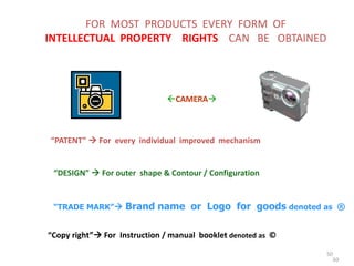 50
FOR MOST PRODUCTS EVERY FORM OF
INTELLECTUAL PROPERTY RIGHTS CAN BE OBTAINED
CAMERA
“PATENT”  For every individual improved mechanism
“DESIGN”  For outer shape & Contour / Configuration
“TRADE MARK” Brand name or Logo for goods denoted as ®
“Copy right” For Instruction / manual booklet denoted as ©
50
 