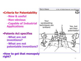61
•Criteria for Patentability
–New & useful
–Non-obvious
–Capable of Industrial
Applications
•Patents Act specifies
–What are not
inventions?
–What are not
patentable inventions?
•How to get that monopoly
right?
 