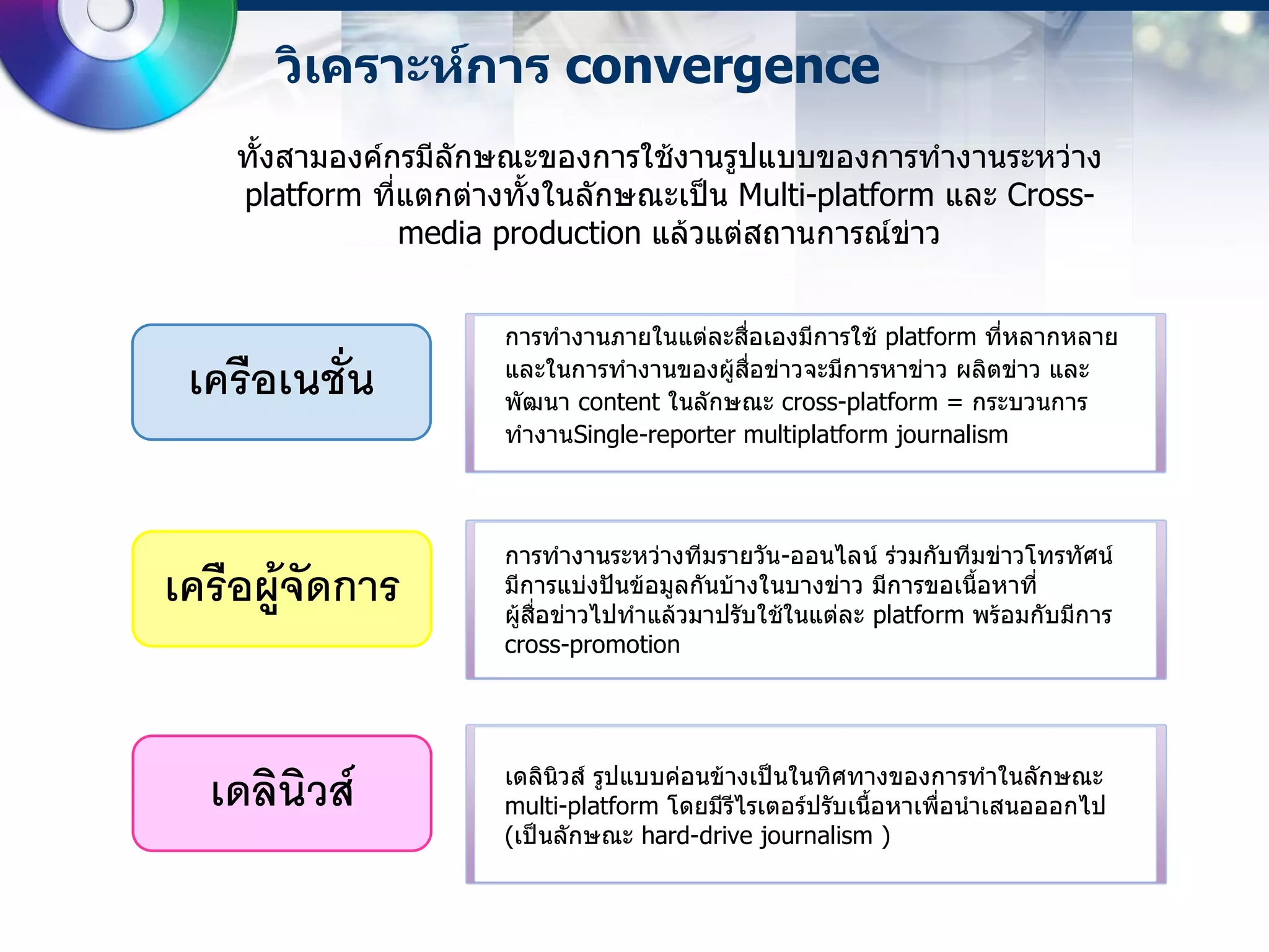 วิเคราะห์การ convergence
    ทั้งสามองค์กรมีลักษณะของการใช้งานรูปแบบของการทางานระหว่าง
    platform ที่แตกต่างทั้งในลักษณะเป็น Multi-platform และ Cross-
                media production แล้วแต่สถานการณ์ข่าว


                      การทางานภายในแต่ละสื่อเองมีการใช้ platform ที่หลากหลาย
 เครือเนชั่น          และในการทางานของผู้สื่อข่าวจะมีการหาข่าว ผลิตข่าว และ
                      พัฒนา content ในลักษณะ cross-platform = กระบวนการ
                      ทางานSingle-reporter multiplatform journalism



                      การทางานระหว่างทีมรายวัน-ออนไลน์ ร่วมกับทีมข่าวโทรทัศน์
เครือผู้จัดการ        มีการแบ่งปันข้อมูลกันบ้างในบางข่าว มีการขอเนื้อหาที่
                      ผู้สื่อข่าวไปทาแล้วมาปรับใช้ในแต่ละ platform พร้อมกับมีการ
                      cross-promotion




  เดลินิวส์           เดลินิวส์ รูปแบบค่อนข้างเป็นในทิศทางของการทาในลักษณะ
                      multi-platform โดยมีรีไรเตอร์ปรับเนื้อหาเพื่อนาเสนอออกไป
                      (เป็นลักษณะ hard-drive journalism )
 
