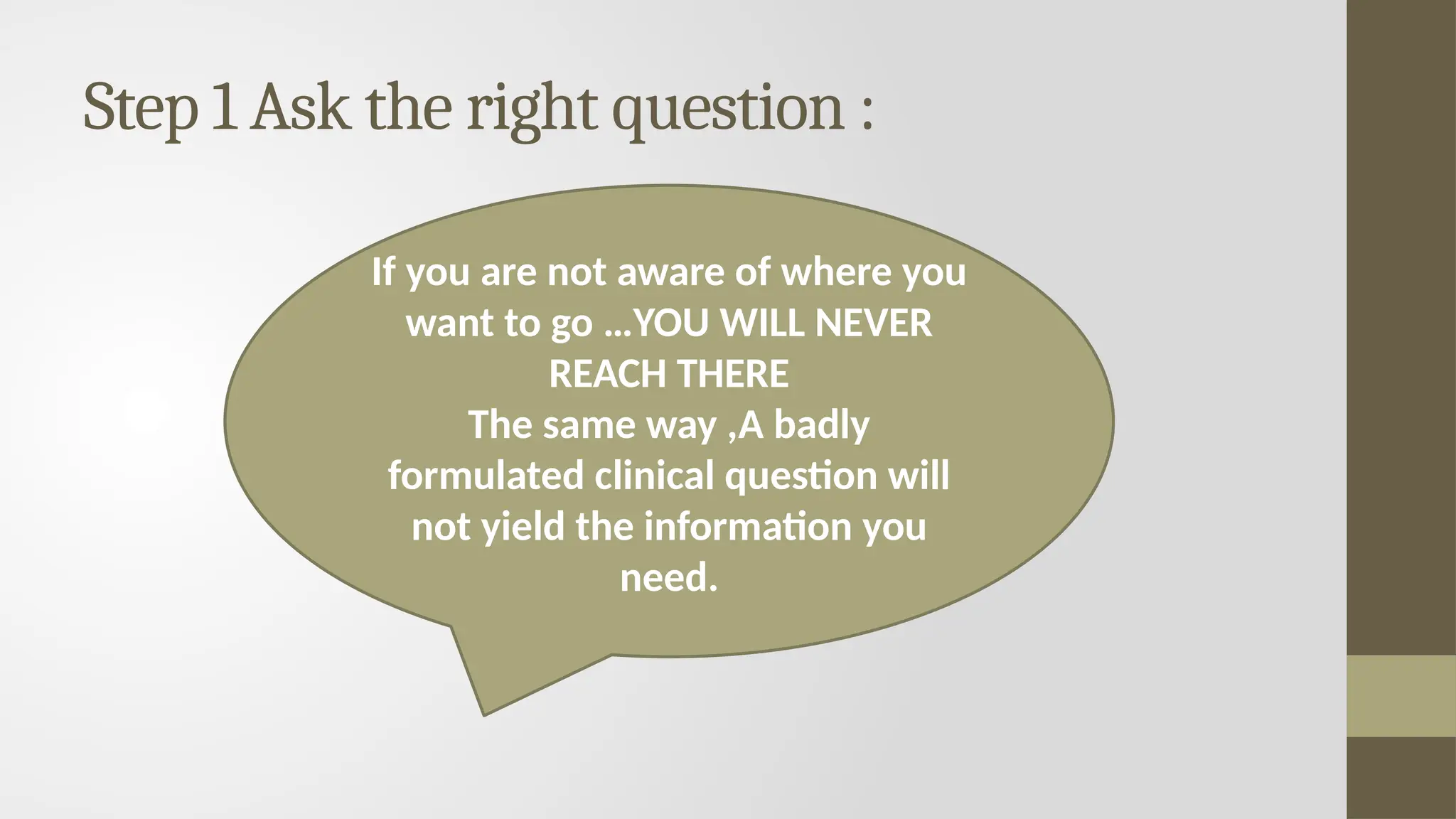 Step 1 Ask the right question :
If you are not aware of where you
want to go …YOU WILL NEVER
REACH THERE
The same way ,A badly
formulated clinical question will
not yield the information you
need.
 