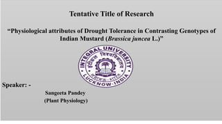 Tentative Title of Research
“Physiological attributes of Drought Tolerance in Contrasting Genotypes of
Indian Mustard (Brassica juncea L.)”
Speaker: -
Sangeeta Pandey
(Plant Physiology)
 