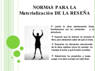 NORMAS PARA LA Materialización DE LA RESEÑA Leerla la obra atentamente hasta familiarizarse con los contenidos  y la estructura. Suponer que los lectores no conocen el libro, pero desearían saber de qué se trata. Examinar los elementos estructurales de la obra, explicar cómo los maneja  los maneja el autor y qué función cumplen. Determinar los propósitos y luego juzgar si la obra cumple con tales fines. 