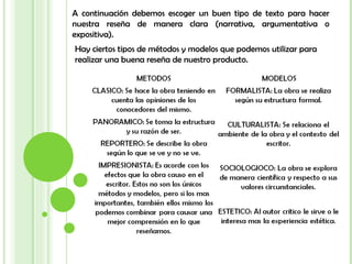 A continuación debemos escoger un buen tipo de texto para hacer nuestra reseña de manera clara (narrativa, argumentativa o expositiva).  Hay ciertos tipos de métodos y modelos que podemos utilizar para realizar una buena reseña de nuestro producto. 