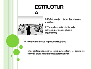 ESTRUCTURA Definición del objeto sobre el que se va a hablar. Toma de posición (utilizando opiniones personales, diversos argumentos) Se cierra afirmando la posición adoptada. Estas partes pueden servir como guía en todos los casos pero en cada expresión artística se particularizan. 