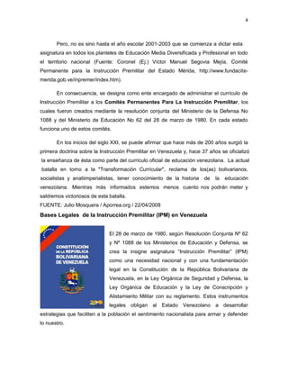 RESEÑA HISTÓRICA DE LA INSTRUCCIÓN PREMILITAR (IPM) EN VENEZUELA | PDF