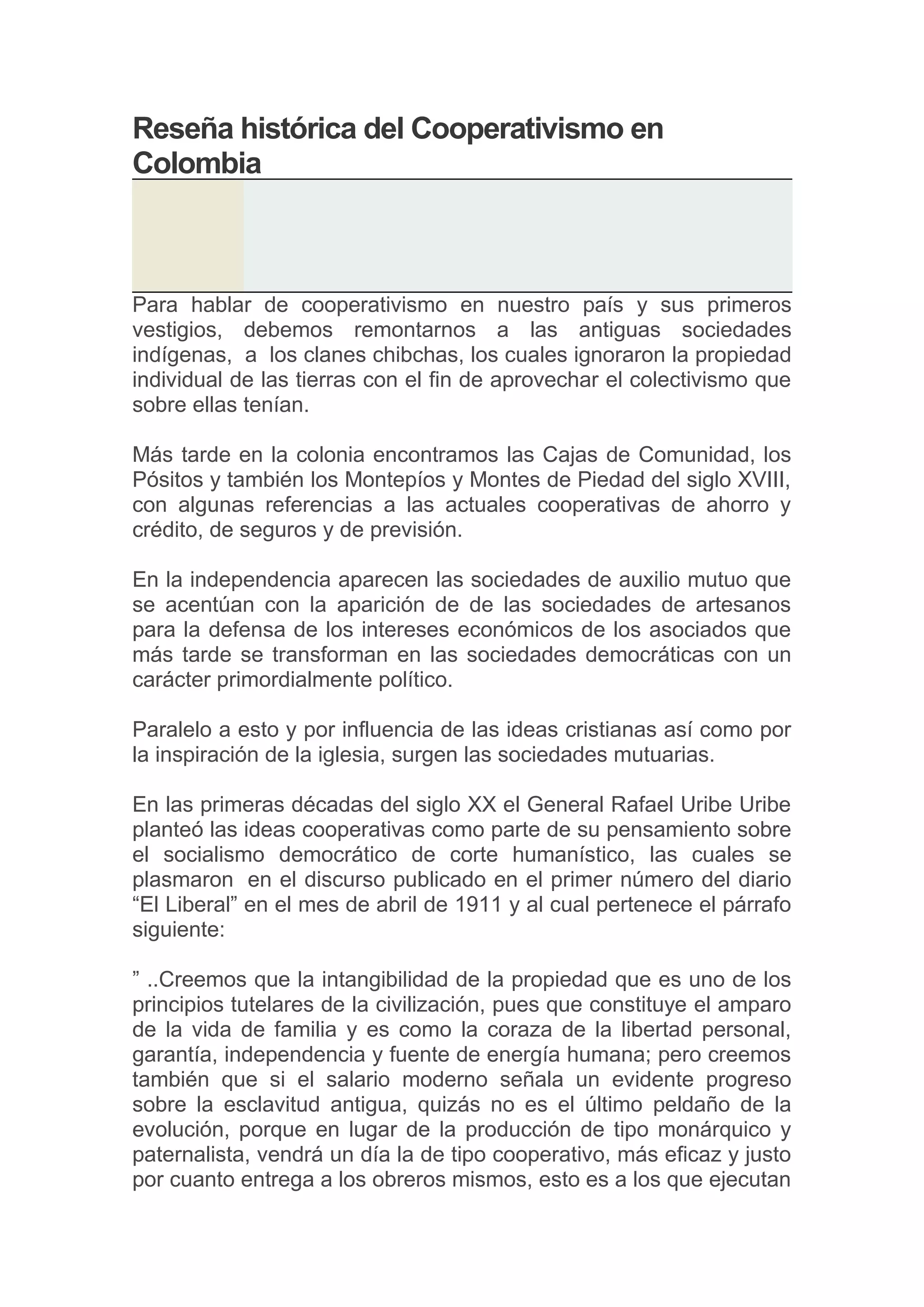 Reseña histórica del cooperativismo en colombia | DOC