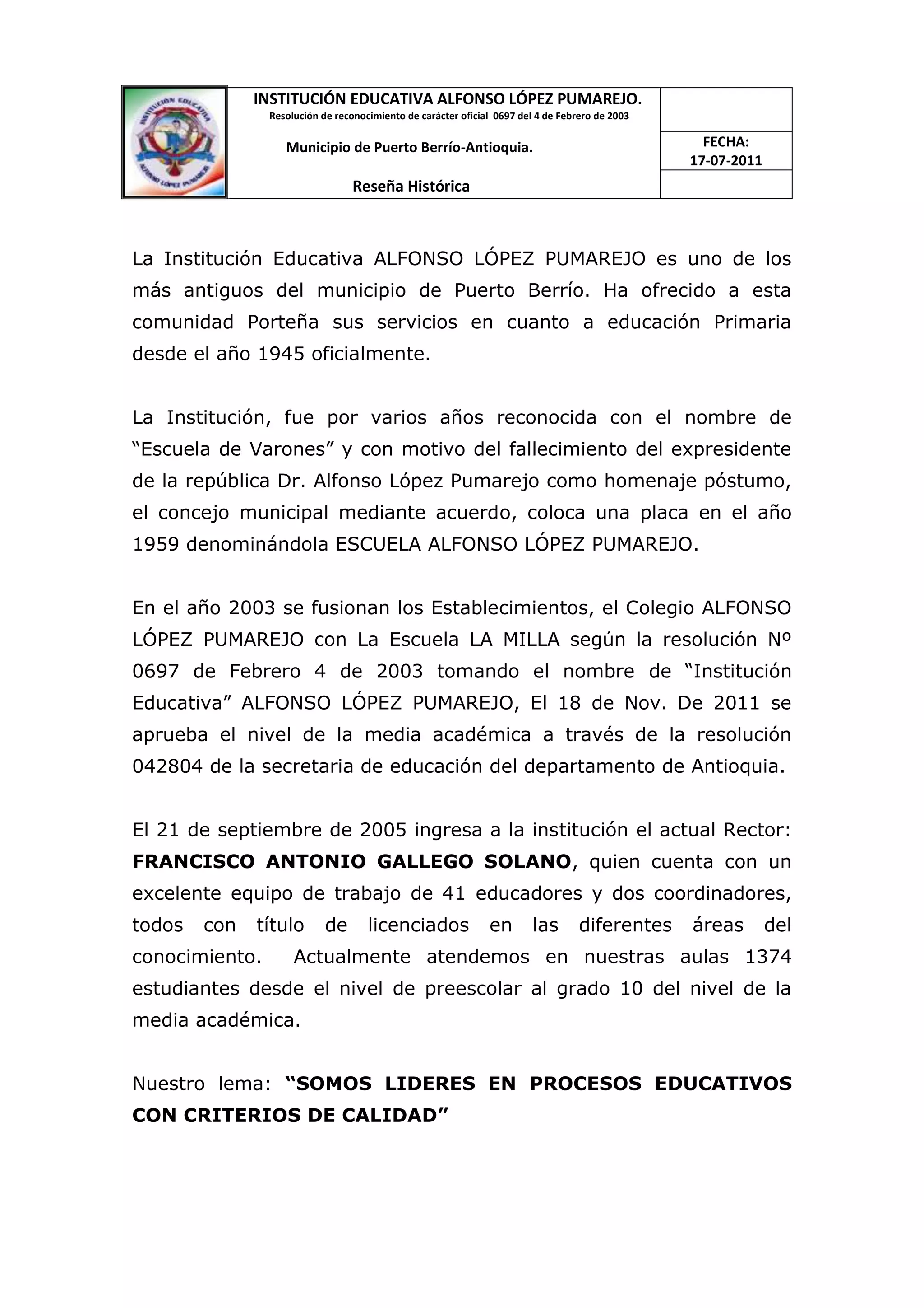Reseña histótica i.e alfonso lópez pumarejo | DOCX