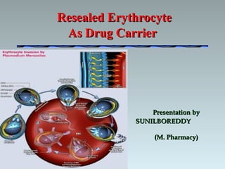 Presentation byPresentation by
SUNILBOREDDYSUNILBOREDDY
(M. Pharmacy)(M. Pharmacy)
Resealed ErythrocyteResealed Erythrocyte
As Drug CarrierAs Drug Carrier
 
