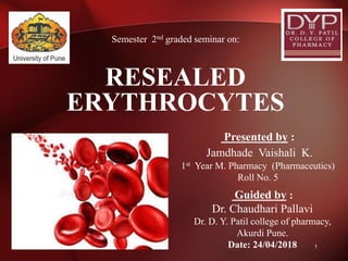 RESEALED
ERYTHROCYTES
Semester 2nd graded seminar on:
Presented by :
Jamdhade Vaishali K.
1st Year M. Pharmacy (Pharmaceutics)
Roll No. 5
Guided by :
Dr. Chaudhari Pallavi
Dr. D. Y. Patil college of pharmacy,
Akurdi Pune.
Date: 24/04/2018 1
 