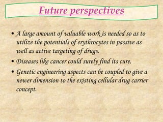 Future perspectives

• A large amount of valuable work is needed so as to
  utilize the potentials of erythrocytes in passive as
  well as active targeting of drugs.
• Diseases like cancer could surely find its cure.
• Genetic engineering aspects can be coupled to give a
  newer dimension to the existing cellular drug carrier
  concept.
 