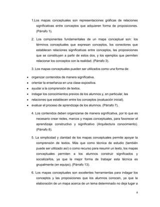 1.Los mapas conceptuales son representaciones gráficas de relaciones
   significativas entre conceptos que adquieren forma de proposiciones.
   (Párrafo 1).

2. Los componentes fundamentales de un mapa conceptual son: los
   términos conceptuales que expresan conceptos, los conectores que
   establecen relaciones significativas entre conceptos, las proposiciones
   que se constituyen a partir de estos dos, y los ejemplos que permiten
   relacionar los conceptos con la realidad. (Párrafo 3).

3. Los mapas conceptuales pueden ser utilizados como una forma de:

organizar contenidos de manera significativa.
orientar la enseñanza en una clase expositiva.
ayudar a la comprensión de textos.
indagar los conocimientos previos de los alumnos y, en particular, las
relaciones que establecen entre los conceptos (evaluación inicial).
evaluar el proceso de aprendizaje de los alumnos. (Párrafo 7).

4. Los contenidos deben organizarse de manera significativa, por lo que es
   necesario crear redes, marcos y mapas conceptuales, para favorecer el
   aprendizaje constructivo y significativo (Arquitectura conocimiento).
   (Párrafo 8).

5. La simplicidad y claridad de los mapas conceptuales permite apoyar la
   comprensión de textos. Más que como técnica de estudio (también
   puede ser utilizado así) o como recurso para resumir un texto, los mapas
   conceptuales    permiten   a   los   alumnos    construir   significados   y
   socializarlos, ya que la mejor forma de trabajar esta técnica es
   grupalmente (en equipo), (Párrafo 13).

6. Los mapas conceptuales son excelentes herramientas para indagar los
   conceptos y las proposiciones que los alumnos conocen, ya que la
   elaboración de un mapa acerca de un tema determinado no deja lugar a

                                                                              4
 