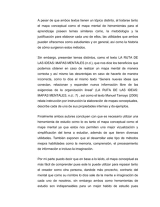 A pesar de que ambos textos tienen un tópico distinto, al tratarse tanto
el mapa conceptual como el mapa mental de herramientas para el
aprendizaje poseen temas similares como, la metodología y la
justificación para elaborar cada uno de ellos, las utilidades que ambos
pueden ofrecernos como estudiantes y en general, así como la historia
de cómo surgieron estos métodos.
Sin embargo, presentan temas distintos, como el texto LA RUTA DE
LAS IDEAS: MAPAS MENTALES (n.d.), que nos dice los beneficios que
podemos obtener en caso de realizar un mapa mental de manera
correcta y así mismo las desventajas en caso de hacerlo de manera
incorrecta, como lo dice el mismo texto “Genera nuevas ideas que
conectan, relacionan y expanden nueva información libre de las
exigencias de la organización lineal” (LA RUTA DE LAS IDEAS:
MAPAS MENTALES, n.d.: 7) , así como el texto Manuel Tamayo (2006)
relata instrucción por instrucción la elaboración de mapas conceptuales,
describe cada de una de sus propiedades internas y da ejemplos.
Finalmente ambos autores concluyen con que es necesario utilizar una
herramienta de estudio como lo es tanto el mapa conceptual como el
mapa mental ya que estos nos permiten una mejor vizualización y
simplificación del tema a estudiar, además de que tienen diversas
utilidades. También exponen que el desarrollar este tipo de métodos
mejora habilidades como la memoria, comprensión, el precesamiento
de información e incluso la imaginación.
Por mi parte puedo decir que en base a lo leído, el mapa conceptual es
más fácil de comprender pues este lo puede utilizar para repasar tanto
el creador como otra persona, dandole más provecho, contrario del
mental que como su nombre lo dice sale de la mente e imaginación de
cada uno de nosotros, sin embargo ambos como herramientas de
estudio son indispensables para un mejor habito de estudio pues

 