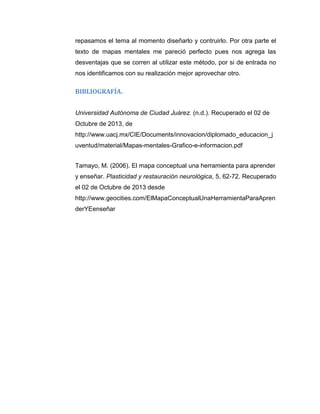 repasamos el tema al momento diseñarlo y contruirlo. Por otra parte el
texto de mapas mentales me pareció perfecto pues nos agrega las
desventajas que se corren al utilizar este método, por si de entrada no
nos identificamos con su realización mejor aprovechar otro.

BIBLIOGRAFÍA.
Universidad Autónoma de Ciudad Juárez. (n.d.). Recuperado el 02 de
Octubre de 2013, de
http://www.uacj.mx/CIE/Documents/innovacion/diplomado_educacion_j
uventud/material/Mapas-mentales-Grafico-e-informacion.pdf
Tamayo, M. (2006). El mapa conceptual una herramienta para aprender
y enseñar. Plasticidad y restauración neurológica, 5, 62-72. Recuperado
el 02 de Octubre de 2013 desde
http://www.geocities.com/ElMapaConceptualUnaHerramientaParaApren
derYEenseñar

 