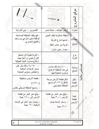 ‫ﻣوﻗﻊ اﻟﻣﺷروع‬
     ‫اﻟﻘﺻﯾرﯾن - ﺣﻲ اﻟﺷراﺑﯾﺔ‬                  ‫أرض اﻟﺟوﻟف - ﻣدﯾﻧﺔ ﻧﺻر‬                ‫اﻟﻣﻘﺎرﻧﺔ‬

      ‫- ﺗﻘﻊ ﺧﻠف اﻟﻣﻧطﻘﺔ اﻟﺻﻧﺎﻋﯾﺔ‬              ‫-ﻣﻧطﻘﺔ ﻋﺳﻛرﯾﺔ ﺧﻠف اﻟﻣﺑﻧﻰ‬
    ‫اﻟواﻗﻌﺔ ﻣﺎﺑﯾن ﺷﺎرﻋﻲ ﺑورﺳﻌﯾد‬
                                                       ‫ﻣﺣددات - أﻣﺎﻣﮭﺎ ﺷﺎرع اﻟﻧزھﺔ‬
                ‫واﻟﺧﻠﯾﺞ اﻟﻣﺻري.‬
                                                     ‫اﻟﻣوﻗﻊ - ﻗرﯾﺑﺔ ﻣن ﻋﺑﺎس اﻟﻌﻘﺎد‬
                                                         ‫- ﺑﺟوار ﺳﯾﺗﻲ ﺳﺗﺎرز‬

        ‫- اﻟﺗرﺑﺔ طﯾﻧﯾﺔ ﻻن اﺻﻠﮭﺎ‬                                                     ‫ﻧوع‬
       ‫ﻛﺎن أراﺿﻲ زراﻋﯾﺔ ﺣﯾث‬                                                        ‫اﻟﺗرﺑﺔ‬
    ‫ارﺗﻔﺎع ﻣﻧﺳوب اﻟﻣﯾﺎه اﻟﺟوﻓﯾﺔ‬




                                                                                                  ‫ﺧﺻﺎﺋص ﻣﻛﺎﻧﯾﺔ‬
     ‫- ٠٨١ م٢ وذﻟك ﯾدل ﻋﻠﻰ‬                         ‫- ٠٠٤ م٢وذﻟك ﻣﻧﺎﺳب‬
         ‫ﺻﻐر اﻟوﺣدات اﻟﺳﻛﻧﯾﺔ‬                                                       ‫ﺔﺣﺎﺳﻣ‬
                                                   ‫ﻓﻲ ھذه اﻟﻣﻧطﻘﺔ ﻻرﺗﻔﺎع‬           ‫اﻟﻣوﻗﻊ‬
      ‫واﻧﺧﻔﺎض ﻣﺳﺗوى اﻟﻣﻌﯾﺷﺔ‬                          ‫ﻣﺳﺗوى اﻟﻣﻌﯾﺷﺔ ﻓﯾﮭﺎ.‬

         ‫- ﻗطﻌﺔ اﻻرض ﻣﺳﺗطﯾﻠﺔ‬                    ‫ﺷﻛل ﻗطﻌﺔ اﻻرض ﻣرﺑﻌﺔ‬                ‫ﺷﻛل‬
                      ‫)٠١*٨١(‬                     ‫اﻟﺷﻛل )٠٢*٠٢( وﻧﺳﯾﺞ‬              ‫ﻗطﻌﺔ‬
                                                      ‫اﻟﻣﻧطﻘﺔ ﺷطرﻧﺟﻲ .‬             ‫اﻻرض‬
‫- وﻧﺳﯾﺞ اﻟﻣﻧطﻘﺔ ﺷرﯾطﻲ ﻣﻛدس‬

       ‫- ﯾﺑﻠﻎ ﺳﻌر اﻟﻣﺗر ﻣن ﻗطﻌﺔ‬                ‫- ﯾﺑﻠﻎ ﺳﻌر اﻟﻣﺗر ﻣن ﻗطﻌﺔ‬
         ‫اﻻرض إﻟﻰ ٠٠٥١ ﺟﻧﯾﺔ‬                         ‫اﻻرض ٠٠٠٣ ﺟﻧﯾﺔ‬                 ‫ﻗﯾﻣﺔ‬
                                                                                   ‫ﻗطﻌﺔ‬
    ‫- وﯾﺻل ﺳﻌر اﻟﻣﺗر ﻓﻲ اﻟوﺣدة‬                        ‫- وﺳﻌر اﻟوﺣدة ﯾﺻل‬            ‫اﻻرض‬
              ‫اﻟﺳﻛﻧﯾﺔ٠٠٢١ ﺟﻧﯾﺔ‬
                                                                       ‫٠٠٢٢ ﺟﻧﯾﺔ‬




                          ‫ﻛﻠﯾﺔ اﻟﮭﻧدﺳﺔ - اﻟﺳﻧﺔ اﻟراﺑﻌﺔ - ﻣﺎدة دراﺳﺎت‬                 ‫٤٢ ﻧﯾﺳﺎن، ٣١‬
‫6‬                                 ‫ﺟدوى- أ.د. أﻛرم ﻓﺎروق‬
 