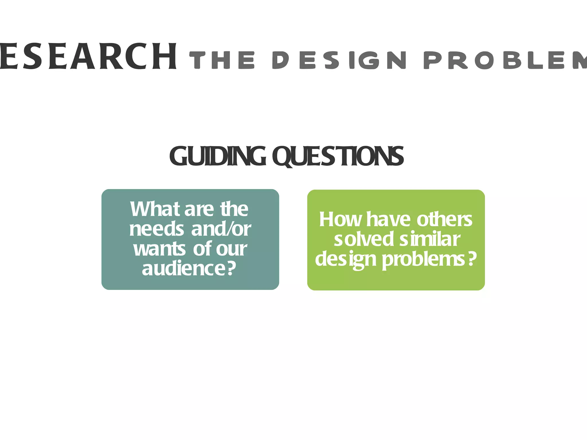 E S E A RC H TH E D E S IG N P R O BLE M

           GUIDING QUESTIONS
        What are the   How have others
        needs and/or     solved similar
        wants of our   design problems?
         audience?
 