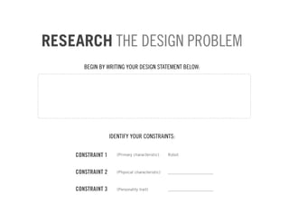RESEARCH THE DESIGN PROBLEM
       BEGIN BY WRITING YOUR DESIGN STATEMENT BELOW:




                   IDENTIFY YOUR CONSTRAINTS:


    CONSTRAINT 1      (Primary characteristic)    Robot



    CONSTRAINT 2      (Physical characteristic)   ______________________



    CONSTRAINT 3      (Personality trait)         ______________________
 