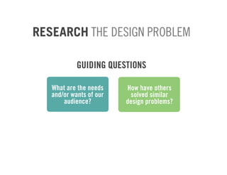 RESEARCH THE DESIGN PROBLEM

            GUIDING QUESTIONS

   What are the needs    How have others
   and/or wants of our    solved similar
       audience?         design problems?
 