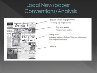 To fill up any empty spaces Attracts/lures readers . Makes the audience feel as if they can relate to the local people in their area. 