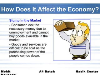How Does It Affect the Economy? Slump in the Market - Consumer lack the necessary money due to unemployment and cannot buy goods available in the market. - Goods and services are difficult to be sold as the purchasing power of the people comes down. 