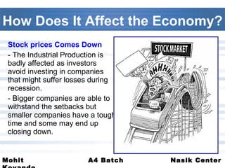 How Does It Affect the Economy? Stock prices Comes Down - The Industrial Production is badly affected as investors avoid investing in companies that might suffer losses during recession. - Bigger companies are able to withstand the setbacks but smaller companies have a tough time and some may end up closing down. 