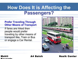 How Does It is Affecting the  Passengers? Prefer Traveling Through Other Means of Transport If fares are hiked then people would prefer traveling by other means of transport like, Train or Bus or engage a Car Rental. 