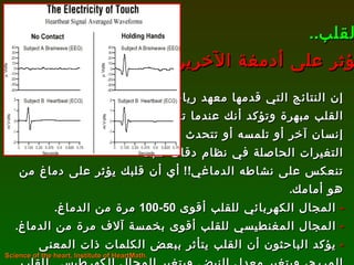 إن النتائج التي قدمها معهد رياضيات  القلب مبهرة وتؤكد أنك عندما تقترب من  إنسان آخر أو تلمسه أو تتحدث معه، فإن التغيرات الحاصلة في نظام دقات قلبك تنعكس على نشاطه الدماغي !!  أي أن قلبك يؤثر على دماغ من هو أمامك . -   المجال الكهربائي للقلب أقوى  50-100  مرة من الدماغ . -   المجال المغنطيسي للقلب أقوى بخمسة آلاف مرة من الدماغ . -   يؤكد الباحثون أن القلب يتأثر ببعض الكلمات ذات المعنى المريح، ويتغير معدل النبض ويتغير المجال الكهرطيسي للقلب ويؤثر على الناس القريبين منه . القلب .. يؤثر على أدمغة الآخرين www.heartmath.org  Science of the heart, Institute of HeartMath.  