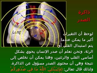 ذاكرة الصدر لوحظ أن التغيرات أكبر ما يمكن عندما  يتم استبدال القلب أو  الرئة، ونحن نعلم أن صدر الإنسان يحوي بشكل أساسي القلب والرئتين، وهنا يمكن أن نخلص إلى نتيجة وهي أن محتوى الصدر مسؤول عن الذاكرة .  ولذلك قال تعالى :   ( وَلِيَبْتَلِيَ اللَّهُ مَا فِي صُدُورِكُمْ وَلِيُمَحِّصَ مَا فِي قُلُوبِكُمْ وَاللَّهُ عَلِيمٌ بِذَاتِ الصُّدُورِ )   [ آل عمران : 156]. 