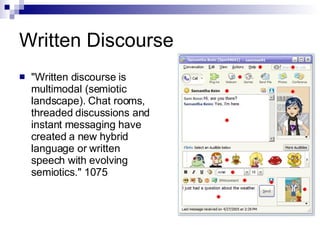 Written Discourse "Written discourse is multimodal (semiotic landscape). Chat rooms, threaded discussions and instant messaging have created a new hybrid language or written speech with evolving semiotics." 1075 