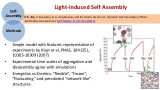 Light-induced Self Assembly
  Self-
Assembly      P. K. Jha, V. Kuzovkov, B. A. Grzybowski, and M. Olvera de la Cruz; Dynamic Self-Assembly of Photo-
              switchable nanoparticles; Soft Matter, 8, 227-234 (2012)


    Methods


•     Simple model with features representative of
      experiments by Klajn et al, PNAS, 104 (25),
      10305-10309 (2007)
•     Experimental time scales of aggregation and
      disassembly agree with simulations
•     Energetics vs Kinetics: ”flexible”, ”frozen”,
      ”fluctuating” and percolated ”network-like”
      structures
 