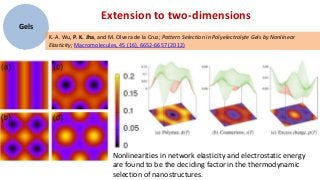 Extension to two-dimensions
Gels
       K.-A. Wu, P. K. Jha, and M. Olvera de la Cruz; Pattern Selection in Polyelectrolyte Gels by Nonlinear
       Elasticity; Macromolecules, 45 (16), 6652-6657 (2012)




                                 Nonlinearities in network elasticity and electrostatic energy
                                 are found to be the deciding factor in the thermodynamic
                                 selection of nanostructures.
 
