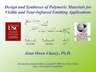 Design and Syntheses of Polymeric Materials for
Visible and Near-Infrared Emitting Applications
                        ET - Förster
                                                S1
             S1

                                                        T1          5
                                                                        D2
                   T1
                                 ET - Dexter                        5
                                                                    D0



              S0                       S0                       7
                                                                    F2

               POLYMER                         LIGAND        Eu+3




              Sean Owen Clancy, Ph.D.

      All material contained within is copyright © 2006 Sean Owen Clancy
                       and / or the respective institutions.
 