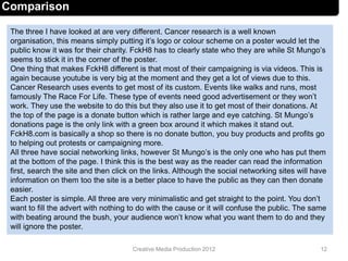 The three I have looked at are very different. Cancer research is a well known
organisation, this means simply putting it’s logo or colour scheme on a poster would let the
public know it was for their charity. FckH8 has to clearly state who they are while St Mungo’s
seems to stick it in the corner of the poster.
One thing that makes FckH8 different is that most of their campaigning is via videos. This is
again because youtube is very big at the moment and they get a lot of views due to this.
Cancer Research uses events to get most of its custom. Events like walks and runs, most
famously The Race For Life. These type of events need good advertisement or they won’t
work. They use the website to do this but they also use it to get most of their donations. At
the top of the page is a donate button which is rather large and eye catching. St Mungo’s
donations page is the only link with a green box around it which makes it stand out.
FckH8.com is basically a shop so there is no donate button, you buy products and profits go
to helping out protests or campaigning more.
All three have social networking links, however St Mungo’s is the only one who has put them
at the bottom of the page. I think this is the best way as the reader can read the information
first, search the site and then click on the links. Although the social networking sites will have
information on them too the site is a better place to have the public as they can then donate
easier.
Each poster is simple. All three are very minimalistic and get straight to the point. You don’t
want to fill the advert with nothing to do with the cause or it will confuse the public. The same
with beating around the bush, your audience won’t know what you want them to do and they
will ignore the poster.
12Creative Media Production 2012
Comparison
 