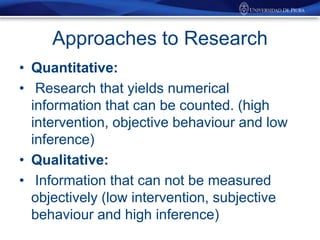 Approaches to Research
• Quantitative:
• Research that yields numerical
information that can be counted. (high
intervention, objective behaviour and low
inference)
• Qualitative:
• Information that can not be measured
objectively (low intervention, subjective
behaviour and high inference)

 