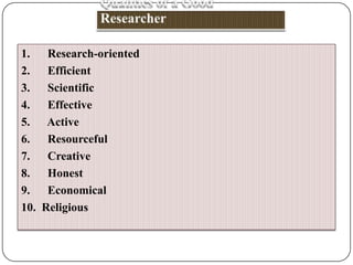 1.
2.
3.
4.
5.
6.
7.
8.
9.
10.

Research-oriented
Efficient
Scientific
Effective
Active
Resourceful
Creative
Honest
Economical
Religious

 