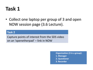 Task 1
• Collect one laptop per group of 3 and open
NOW session page (3.6 Lecture).
Task 2
Capture points of interest from the SDS video
on an ‘openetherpad’ – link in NOW

Organisation (3 in a group):
1. Manager
2. Questioner
3. Recorder

 