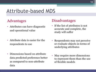 Attribute-based MDS 
Advantages 
• Attributes can have diagnostic 
and operational value 
• Attribute data is easier for the 
respondents to use 
• Dimensions based on attribute 
data predicted preference better 
as compared to non-attribute 
data 
10 
Disadvantages 
• If the list of attributes is not 
accurate and complete, the 
study will suffer 
• Respondents may not perceive 
or evaluate objects in terms of 
underlying attributes 
• May require more dimensions 
to represent them than the use 
of flexible models 
Marketing Research http://www.drvkumar.com/mr10/ 10th Edition 
 