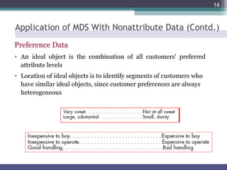 14 
Application of MDS With Nonattribute Data (Contd.) 
Preference Data 
• An ideal object is the combination of all customers' preferred 
attribute levels 
• Location of ideal objects is to identify segments of customers who 
have similar ideal objects, since customer preferences are always 
heterogeneous 
Marketing Research http://www.drvkumar.com/mr10/ 10th Edition 
 