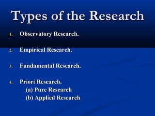 Types of the ResearchTypes of the Research
1.1. Observatory Research.Observatory Research.
2.2. Empirical Research.Empirical Research.
3.3. Fundamental Research.Fundamental Research.
4.4. Priori Research.Priori Research.
(a) Pure Research(a) Pure Research
(b) Applied Research(b) Applied Research
 