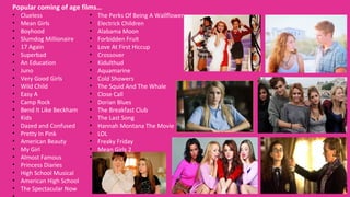 Popular coming of age films…
• Clueless
• Mean Girls
• Boyhood
• Slumdog Millionaire
• 17 Again
• Superbad
• An Education
• Juno
• Very Good Girls
• Wild Child
• Easy A
• Camp Rock
• Bend It Like Beckham
• Kids
• Dazed and Confused
• Pretty In Pink
• American Beauty
• My Girl
• Almost Famous
• Princess Diaries
• High School Musical
• American High School
• The Spectacular Now
• The Perks Of Being A Wallflower
• Electrick Children
• Alabama Moon
• Forbidden Fruit
• Love At First Hiccup
• Crossover
• Kidulthud
• Aquamarine
• Cold Showers
• The Squid And The Whale
• Close Call
• Dorian Blues
• The Breakfast Club
• The Last Song
• Hannah Montana The Movie
• LOL
• Freaky Friday
• Mean Girls 2
•
 