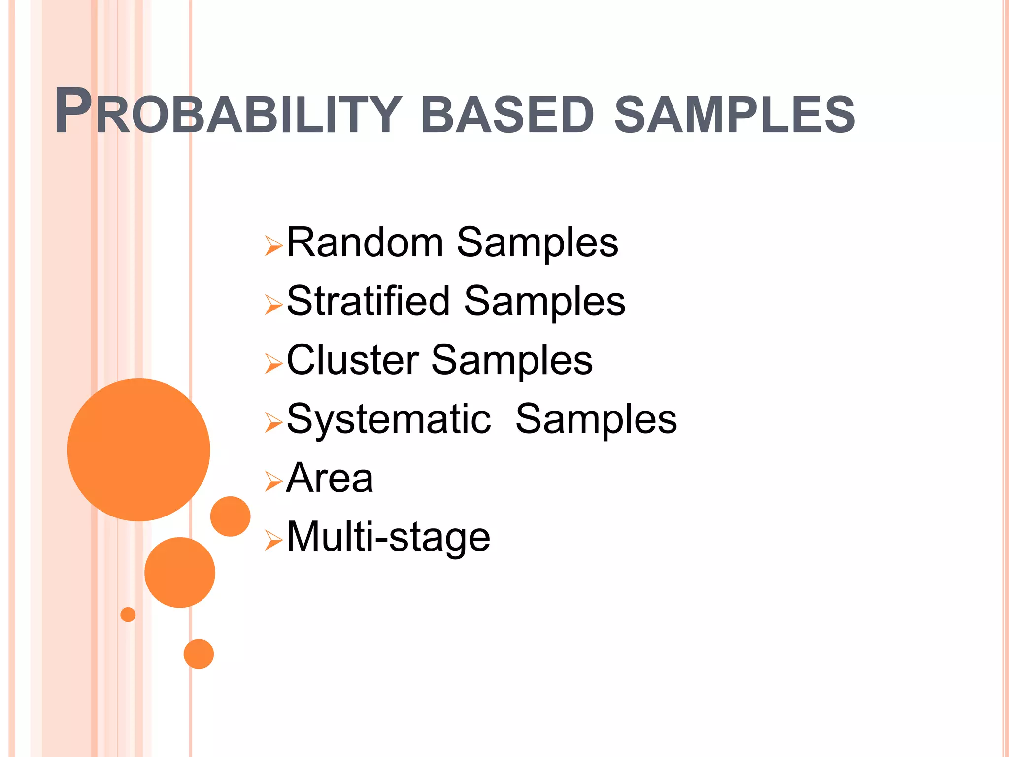 PROBABILITY BASED SAMPLES
Random Samples
Stratified Samples
Cluster Samples
Systematic Samples
Area
Multi-stage
 