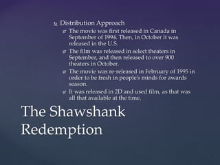  Distribution Approach
 The movie was first released in Canada in
September of 1994. Then, in October it was
released in the U.S.
 The film was released in select theaters in
September, and then released to over 900
theaters in October.
 The movie was re-released in February of 1995 in
order to be fresh in people’s minds for awards
season.
 It was released in 2D and used film, as that was
all that available at the time.
The Shawshank
Redemption
 