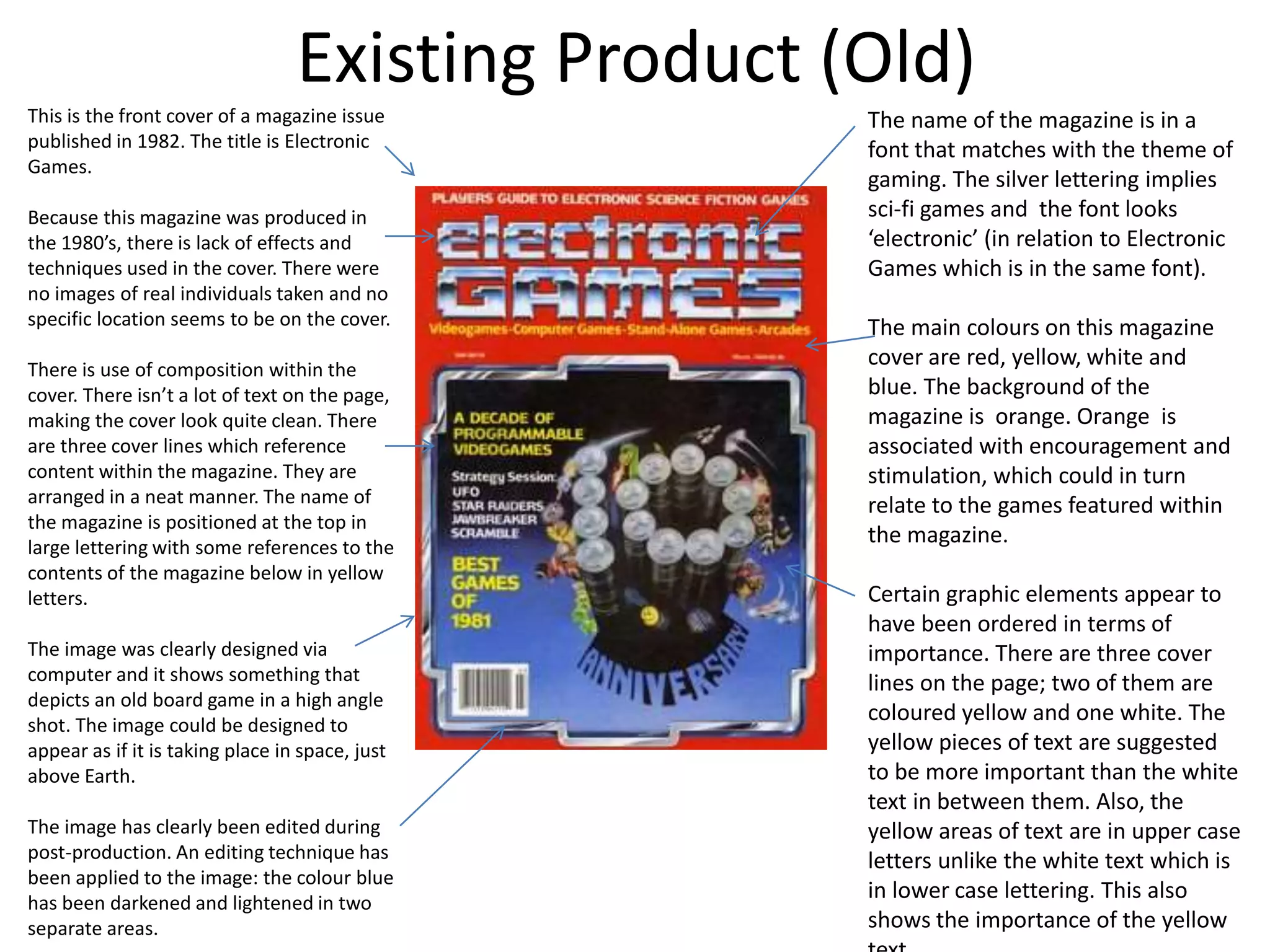 Existing Product (Old)
This is the front cover of a magazine issue
published in 1982. The title is Electronic
Games.
Because this magazine was produced in
the 1980&rsquo;s, there is lack of effects and
techniques used in the cover. There were
no images of real individuals taken and no
specific location seems to be on the cover.
There is use of composition within the
cover. There isn&rsquo;t a lot of text on the page,
making the cover look quite clean. There
are three cover lines which reference
content within the magazine. They are
arranged in a neat manner. The name of
the magazine is positioned at the top in
large lettering with some references to the
contents of the magazine below in yellow
letters.
The image was clearly designed via
computer and it shows something that
depicts an old board game in a high angle
shot. The image could be designed to
appear as if it is taking place in space, just
above Earth.
The image has clearly been edited during
post-production. An editing technique has
been applied to the image: the colour blue
has been darkened and lightened in two
separate areas.
The name of the magazine is in a
font that matches with the theme of
gaming. The silver lettering implies
sci-fi games and the font looks
&lsquo;electronic&rsquo; (in relation to Electronic
Games which is in the same font).
The main colours on this magazine
cover are red, yellow, white and
blue. The background of the
magazine is orange. Orange is
associated with encouragement and
stimulation, which could in turn
relate to the games featured within
the magazine.
Certain graphic elements appear to
have been ordered in terms of
importance. There are three cover
lines on the page; two of them are
coloured yellow and one white. The
yellow pieces of text are suggested
to be more important than the white
text in between them. Also, the
yellow areas of text are in upper case
letters unlike the white text which is
in lower case lettering. This also
shows the importance of the yellow
 