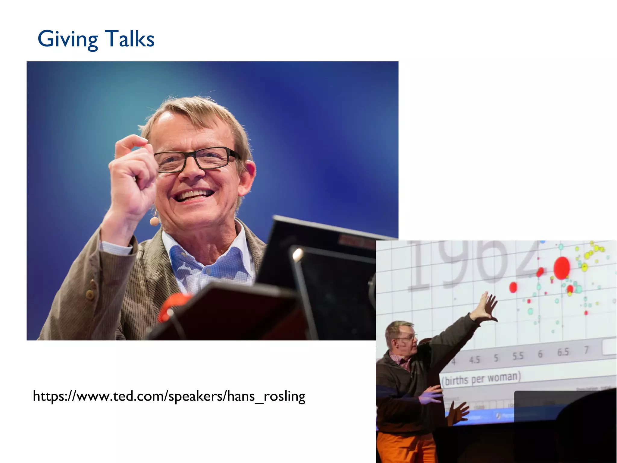 Giving Talks
49
https://www.ted.com/speakers/hans_rosling
 