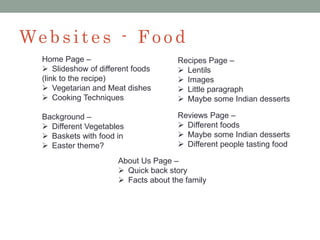 We bsit e s - Fo o d
Home Page –
 Slideshow of different foods
(link to the recipe)
 Vegetarian and Meat dishes
 Cooking Techniques
Background –
 Different Vegetables
 Baskets with food in
 Easter theme?
Recipes Page –
 Lentils
 Images
 Little paragraph
 Maybe some Indian desserts
Reviews Page –
 Different foods
 Maybe some Indian desserts
 Different people tasting food
About Us Page –
 Quick back story
 Facts about the family
 