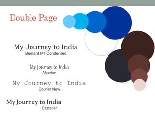 Double Page
My Journey to India
Algerian
My Journey to India
Castellar
My Journey to India
Bernard MT Condensed
My Journey to India
Courier New
 