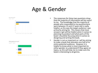 Age & Gender
• The responses for these two questions show
that the majority of information will be useful
to me. The knowledge that the majority of
people who responded to my questionnaire
were between 13 and 17 years old is really
helpful, as this was the target audience I was
primarily aiming for. This means that most
answers I get will be helpful when it comes to
planning my product and what parts of the
book I should be focusing when it comes to
designing and writing the book.
• Gender is not as important as I will be aiming
to make a book that alienates one half of its
entire potential audience. However it is
helpful to know what is most important to
either gender, to understand if they agree on
topics, as this will help me to make sure the
book is interesting to all genres.
 