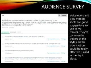 AUDIENCE SURVEY
Voice overs and
slow motion
shots are good
suggestions to
use in my
trailers. They’re
common in
trailers of this
style and the
slow motion
could be really
effective if used
in the right
place.
 